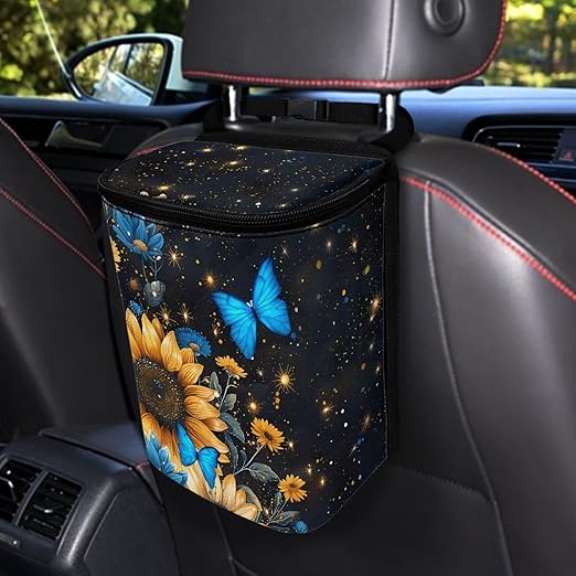 Sunflower Auto Car Trash Can Hanging Car Garbage Bag with Lid Washable Leak Proof Car Trash Bin Hanging for Front Back Seat，Blue Butterfly Sunflower Vehicle Rubbish Bin