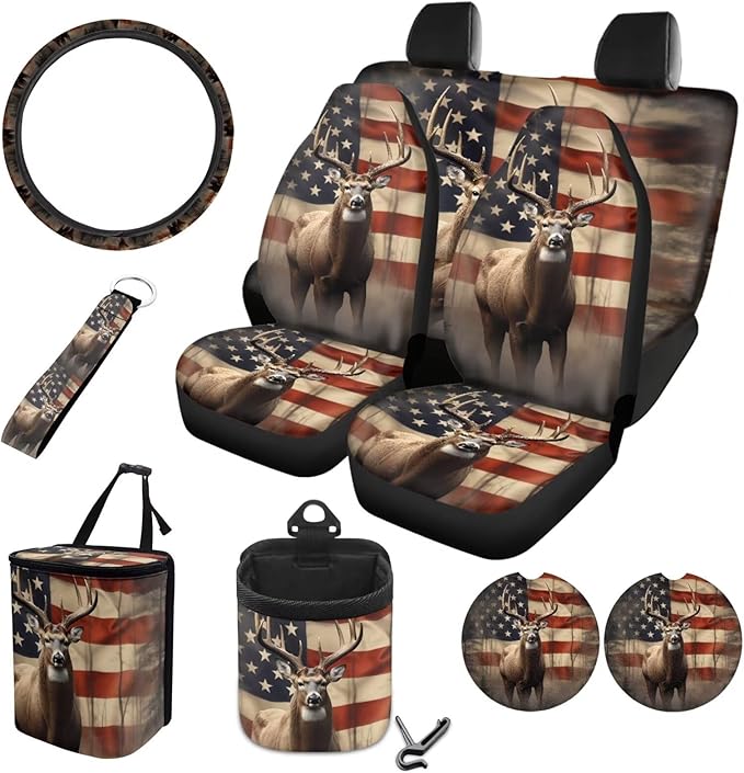 American Flag Deer Printed Car Interior Cover Sets, Car Front Rear Seat Cover with Steering Wheel Protector Coaster Trash Can Air Vent Storage Bag, Universal Fits Auto Interior Accessories