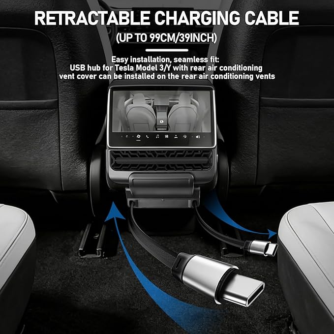 Rear USB Charger Hub for Tesla Model Y Juniper 2025,2026 Accessories- 4-Port Fast Charging Hub with Sliding Cover, 2 Type-C Docking Station for Tesla Model 3 Highland 2024-2026