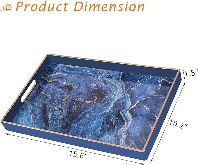 Zosenley Plastic Serving and Decorative Tray with Handles for Ottoman, Coffee Table, Bathroom Vanity, Blue Marble Rectangular Tray for Countertop and Kitchen, 15.6 x 10.2 Inches