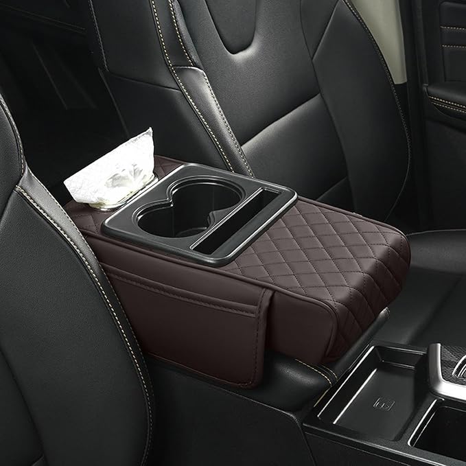 Car Armrest Box Mat, 5-in-1 Center Console Cover Cushion with Cup Holder Tissue Slot, Universal PU Leather Car Box Pad for Sedans Car Accessories Interior Organizers (Multi C03)