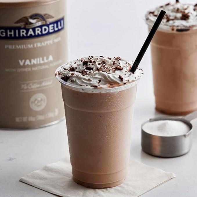 Ghirardelli Vanilla Premium Frappe Mix 3 lb Can with Ghirardelli Stamped Barista Spoon