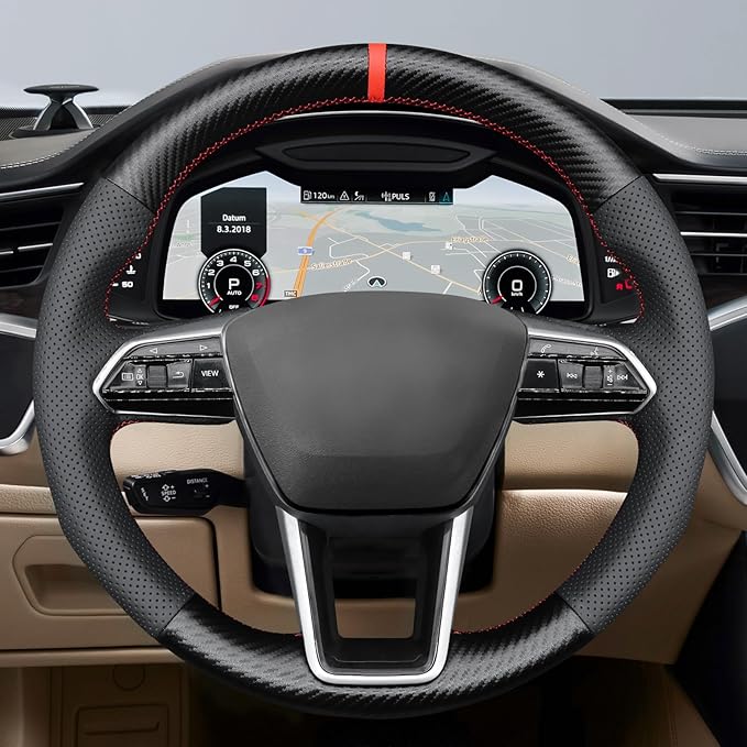 MEWANT Hand Stitch Steering Wheel Cover for Audi A6 2019-2022 A6 Allroad 2020-2022 A7 2019-2022 RS 6 Avant 2021-2022 RS 7 2021-2022 S6 2020-2022 Real Leather PU Carbon Fiber DIY Interior Accessories