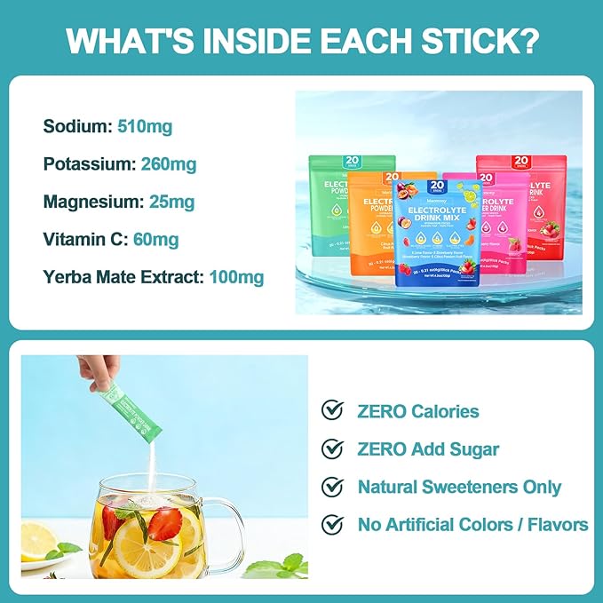 Electrolyte Powder Packets, Hydration Packets 20 Stick, Sugar Free Electrolytes for Rapid Recovery, Electrolyte Powder Drink Mix with Yerba Mate - Gluten Free, Keto Friendly, Vegan