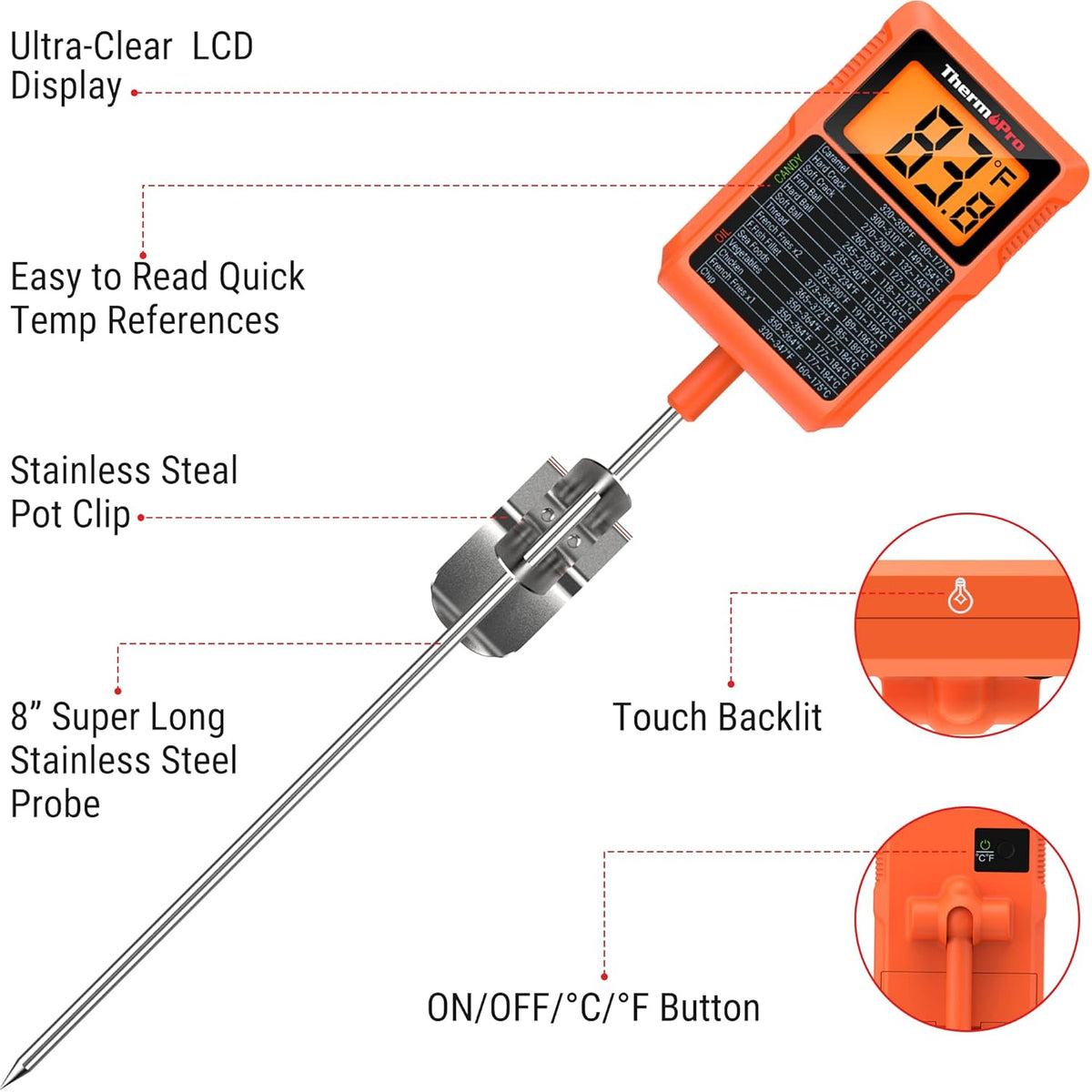 ThermoPro TP510 Waterproof Digital Candy Thermometer with Pot Clip, 8.1" Long Probe Instant Read Food Cooking Meat Thermometer for Grilling Smoker BBQ Deep Fry Oil Thermometer