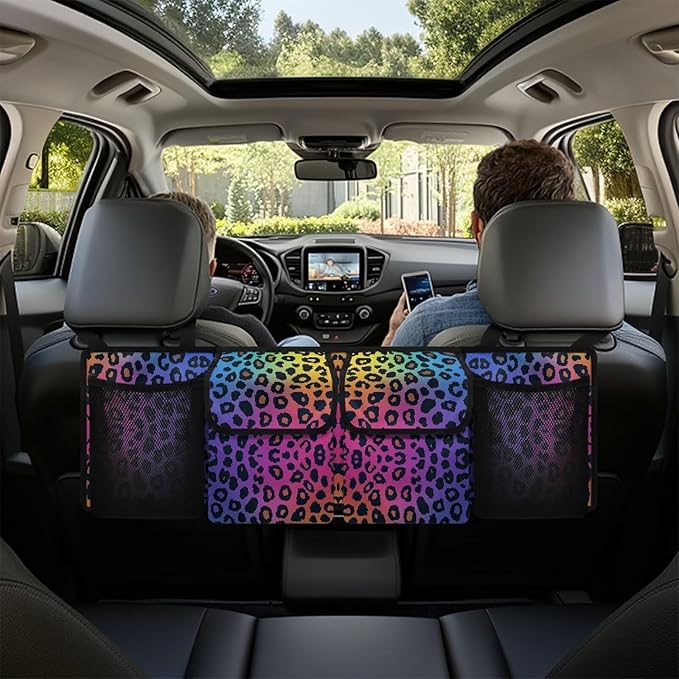 Rainbow Leopard Print Hanging Trunk Organizer Large Capacity Back of Seat Car Organizer with 4 Pockets & Buckle Straps, Waterproof Car Accessories for SUV Truck Sedan