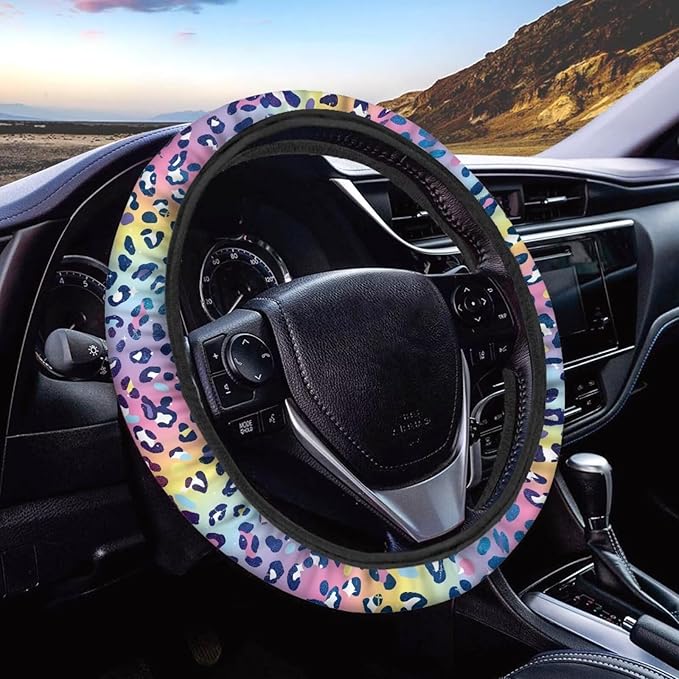 Universal Non-Slip Steering Wheel Cover, 15-inch Polyester Material Driving Accessories, Adjustable for Car and Truck(Dreamy Color Leopard)