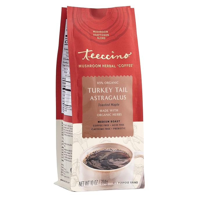 Teeccino Turkey Tail Astragalus Coffee Alternative - Toasted Maple - Adaptogenic Herbal Mushroom Coffee, Medium Roast, Caffeine Free, Prebiotic, Acid Free, All-Purpose Grind - 10 Oz, Pack of 3