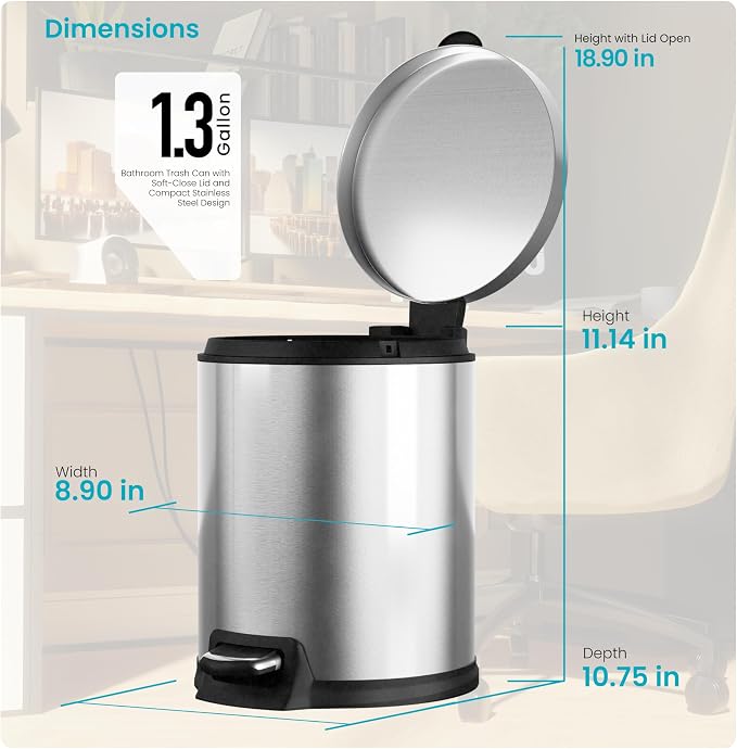 Home Zone Living 1.3 Gallon Small Trash Can with a Step Pedal Lid