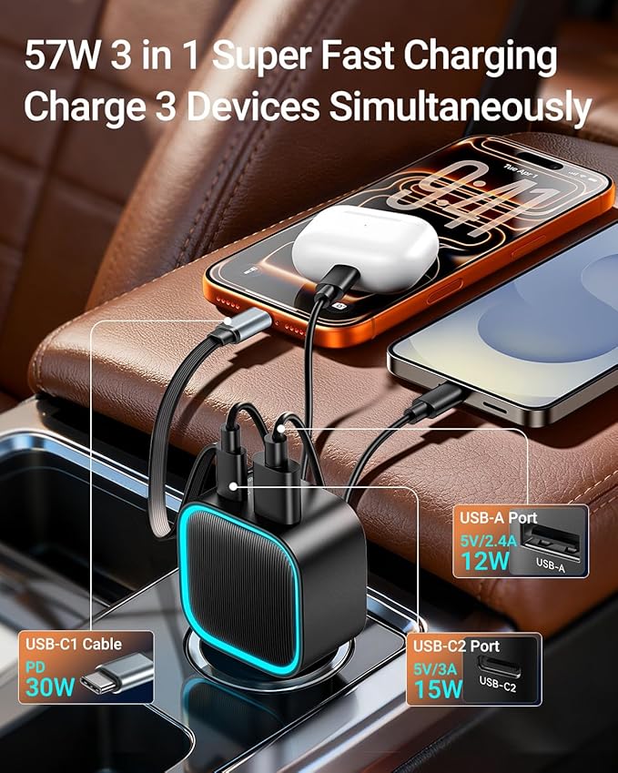 Retractable Car Charger USB-C,Rocoren 57W Type C Fast Car Charging [Ultra-Compact Mini] with Cord Cigarette Lighter Adapter Car Accessories for iPhone 17 16 15 Samsung S25 Ultra Pixel Android