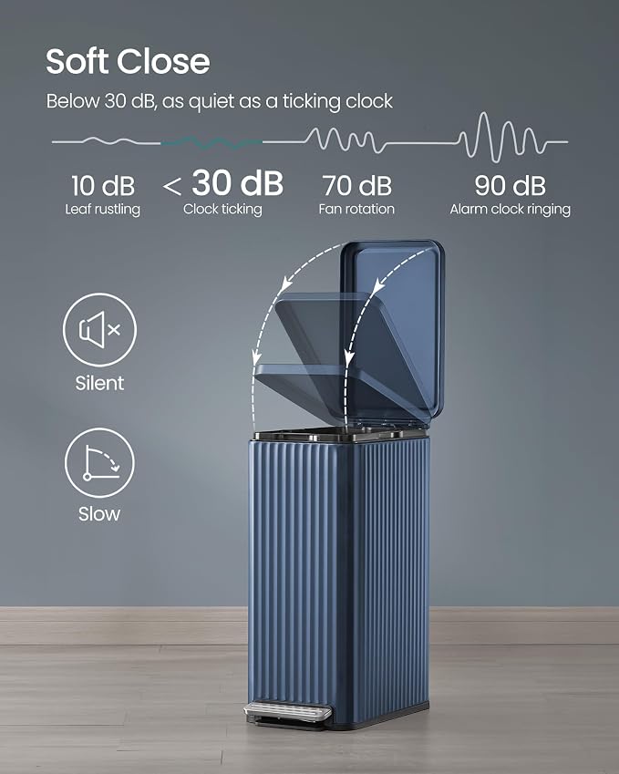 SONGMICS Trash Can, 13 Gallon (50 L) Slim Garbage Can for Kitchen, with Soft-Close Lid, Pedal, Removable Inner Bucket, Stainless Steel, 15 Trash Bags, Space-Saving, Midnight Blue ULTB350QZ01