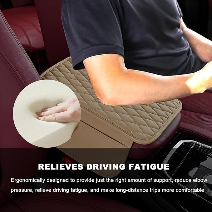 Car Center Console Cover, Waterproof Leather Arm Rest Cushion Pad with 2 Storage Bags, Anti-Scratch Armrest Seat Box Protector Interior Accessories for Most Vehicles (Beige)