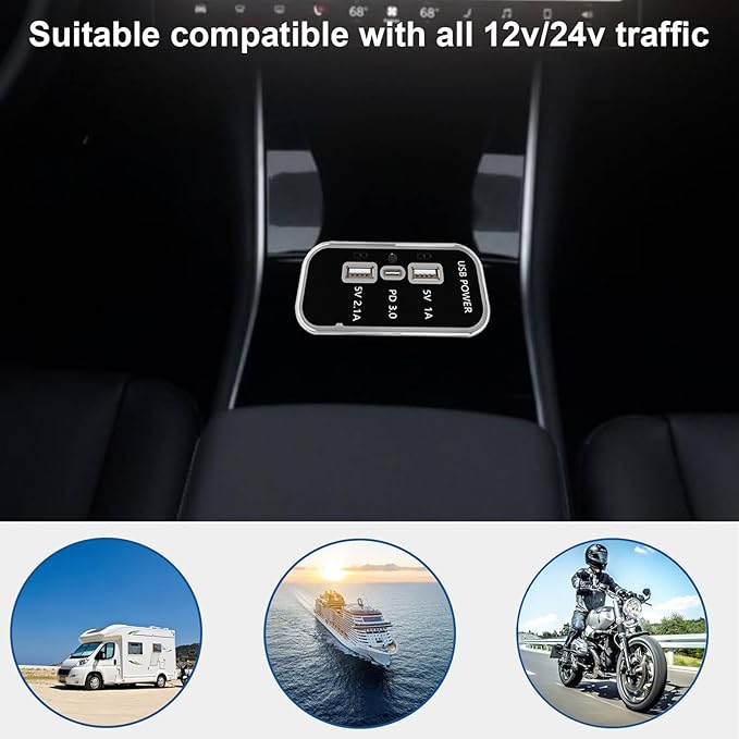 3 Ports 12V USB Outlet, 12V/24V Wall Mount Car USB Socket Charger Adapter,3.1A Dual USB A Port & PD3.0 USB C Port Charger Socket for RV Marine Boat Bus ATV Motorcycle Truck-2 Pack