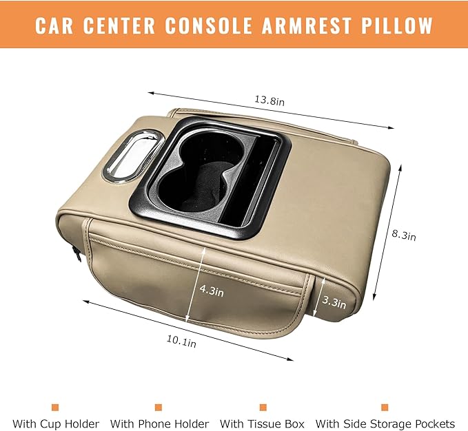 Car Center Console Armrest Pillow, 5-in-1 Armrest Cushion w/ 2 Side Bags, Tissue Box Slot, Cup & Phone Holder, Multifunctional Leather Auto Arm Rest Cover Storage Organizer (Beige, Normal)