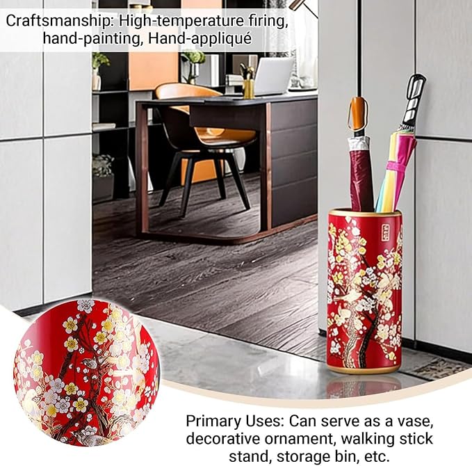 Ceramic Entryway Umbrella Stand,Handmade Appliques Chinese Umbrella Stand Barrels,Vintage Floor Standing Cane Holder Placed & Flower Vases for Hotel Office Home Entrance,B,17.3in