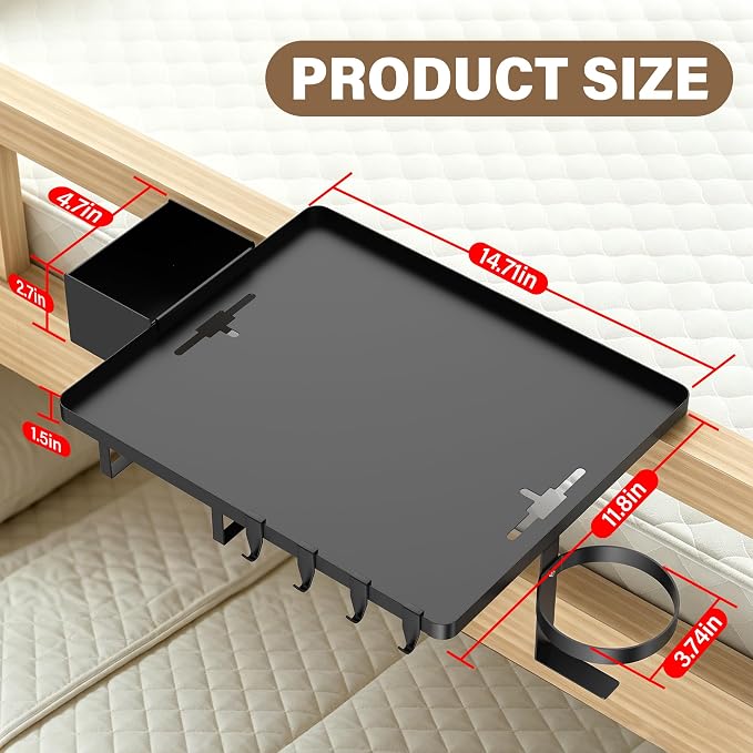 Bedside Shelf, Metal Bed Shelf For Dorm Room Bunk Bed & Top Bunk, College Dorm Room Essentials, Clip On Floating Tray Space Saving Nightstand For Loft Beds With Removable Cup & Holder (Black)