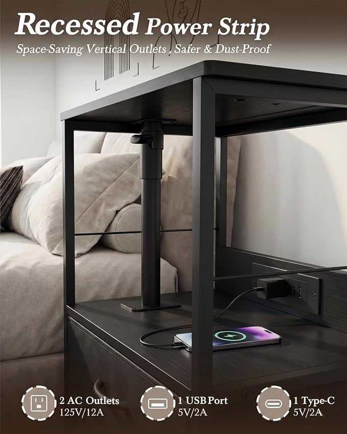 Faesun Swivel Lift Top Nightstand with Charging Station, Rolling Side Table for Recliner, Bedside Table with Wheels & 2 Fabric Drawers, for Small Spaces, for Bedroom, Living Room, Black