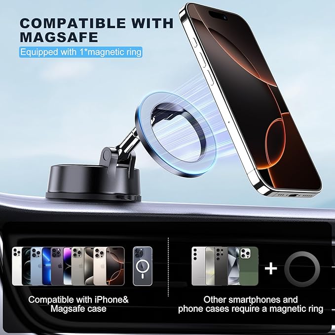 MOKPR Car Phone Holder for Magsafe, Vacuum Magnetic Car Phone Mount Foldable Hands-Free Suction Cup Phone Holders for Your Car for iPhone 16 Pro/Pro Max 15 14 13 12