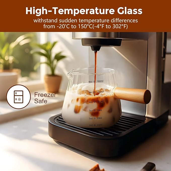 YARRAMATE 2 Pack 6 oz/180ML Glass Measuring Cup with Wooden Handle – Espresso Shot Cups, Ribbed Milk Frothing Pitcher, Dual Scale Markings, V-Shaped Mouth for Easy Pouring, Dishwasher Safe