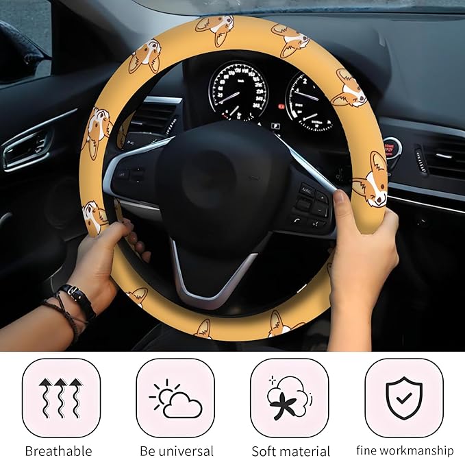 Car Steering Wheel Cover, Universal 15 Inch Neoprene Non-Slip Steering Wheel Covers, Funny Car Accessories for Women Men Fit Auto, Suvs, Truck Cute Yellow Corgi Dog
