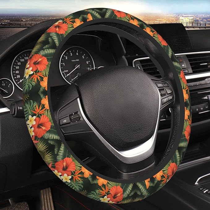 Neoprene Steering Wheel Cover Hawaiian Floral Print Car Steering Wheel Cover Universal Fit for Most Cars