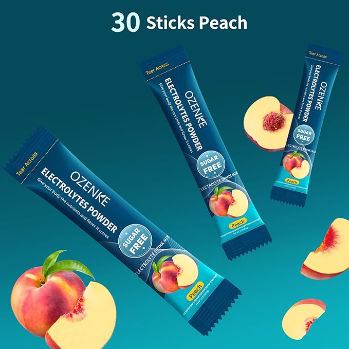 Electrolytes Powder Packets, 30 Sticks Hydration Packets Sugar Free, Electrolyte Drink Mix Portable Electrolyte Packet for Rapid Hydration, 0 Sugar & 0 Calorie, Peach Flavor