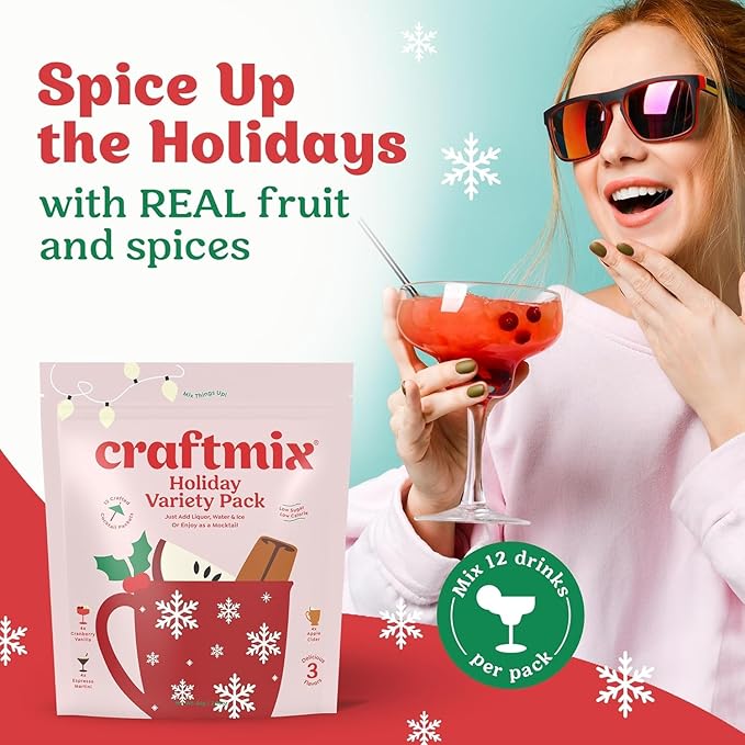 Craftmix Holiday Variety Cocktail & Mocktail Drink Mixer, Skinny Mixes - Water Flavoring Packets - Made With Real Ingredients - Vegan, Low-Carb, Low-Sugar, Non-GMO, Dairy Free, Gluten Free, 12 Pack