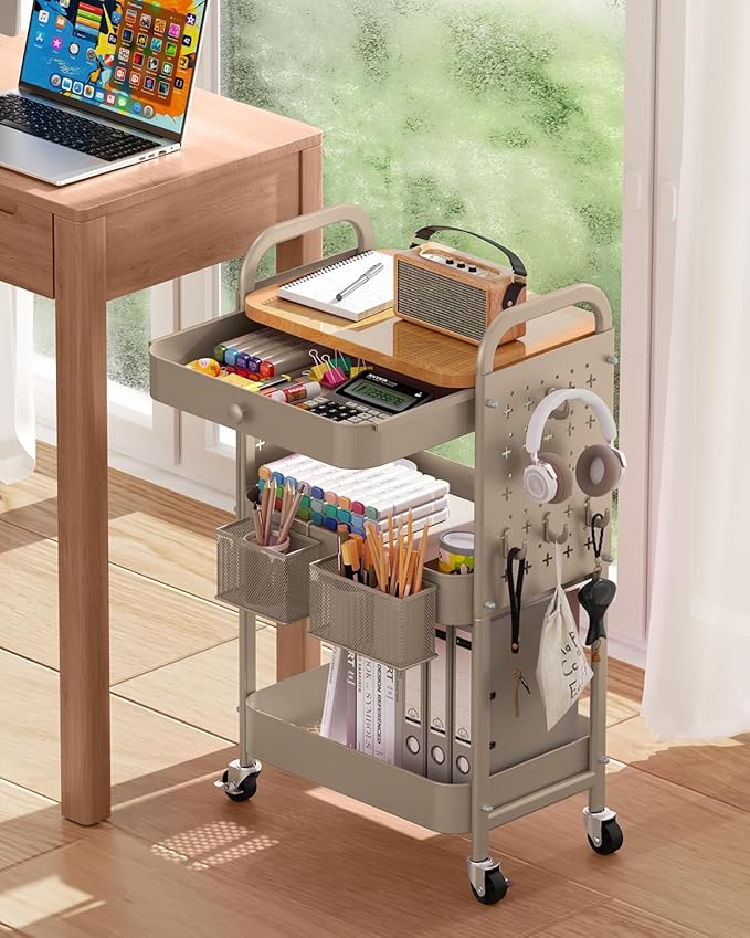 ALVOROG Rolling Cart with Drawer and Wood Table Top, 3 Tier Metal Rolling Utility Cart on Wheels with DIY Pegboards, Hanging Baskets, Hooks for Kitchen, Bedroom, Office, Craft Supplies