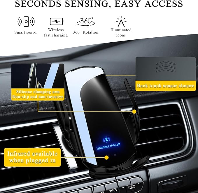 Wireless Car Charger Mount, 15W Automotive Electric Wireless Charger Holder, Car Air Vent Mount Bracket Fast Charging for Most Smartphone, Universal Car Accessories (Black)