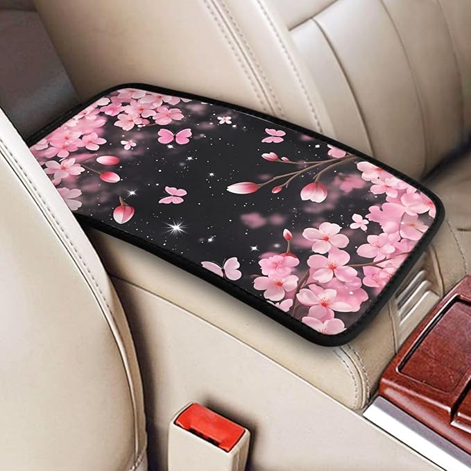 Universal Car Center Console Cushion Pad, Pink Cherry Blossoms Soft Waterproof Car Center Console Cover Auto Armrest Seat Box Cover Protector for Most Vehicle SUV Truck Car