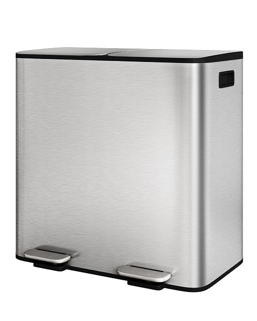 Garvee Double Trash Can, 2 x 10.6 gal (2 x 40 L) Garbage Can for Kitchen Dual Compartment Recycling Kitchen Step Trash Bin, Stainless Steel Trash and Recycle Bin Combo with Soft-Close Lid,Silver