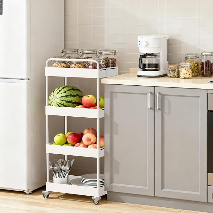 HOTEAGLE 4-Tier Rolling Cart Metal Expandable Utility Carts with Wheels, Ideal Storage Organizer for Livingroom, Bedroom, Kitchen and Bathroom, White