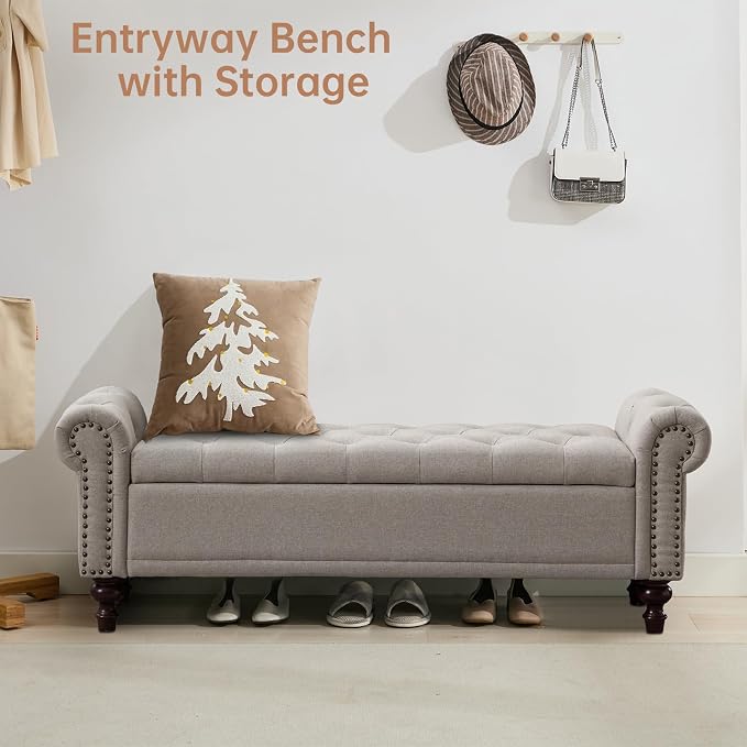 58'' Upholstered Storage Bench for Bedroom, Linen End of Bed Storage Ottoman Benches Large, Button Tufted Ottomans with Storage for Living Room/Entry Way/Closet, Light Brown