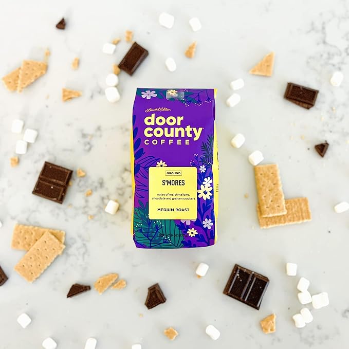 Door County Coffee S’mores Flavored Coffee Ground - 8 oz Bag - Spring-Summer Seasonal - Medium Roast - 100% Specialty Arabica - Chocolate, Marshmallow, Graham Cracker Flavor