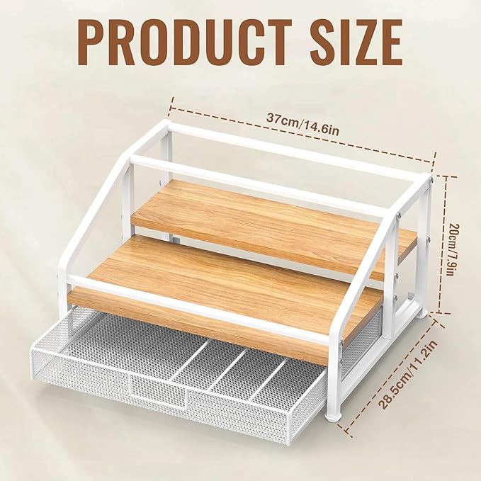 Alyoen Coffee Syrup Organizer Rack, 3-Tier Coffee Station Organizer for Countertop, Coffee Bar Organizer with 35K Cup Storage Basket, Coffee Syrup Holder Stand for Coffee Bar Accessory - White