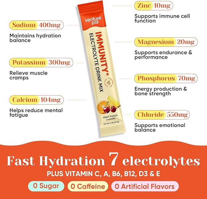 Venture Pal 2-in-1 Hydration + Immune Electrolytes Powder Packets with 7 Electrolytes & 6 Vitamins, Elderberry, Turmeric, Echinacea | Liquid Daily IV Drink Mix | Sugar Free | Keto Friendly, 16 Sticks