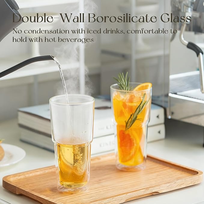 KEMORELA 2PCS 20oz Clear Double Wall Glass Cups with Lids and Straws, Insulated Borosilicate Glass Tumblers, Heat-Resistant, leak-proof Design for Iced Coffee, Bubble Tea, Juice
