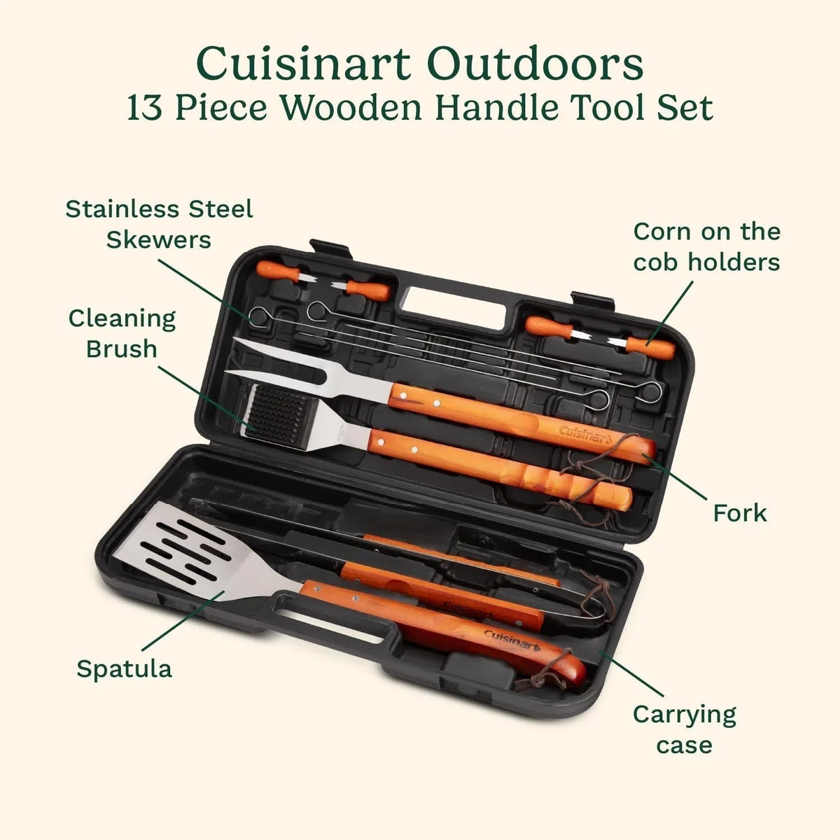 Cuisinart 13-Piece Wooden Handle Grill Tools Set, Grill Utensils Set BBQ Accessories, Durable Stainless Steel Spatula, Tongs, Cleaning Brush & More, Compact Case, Grilling Gifts for Men, CGS-W13