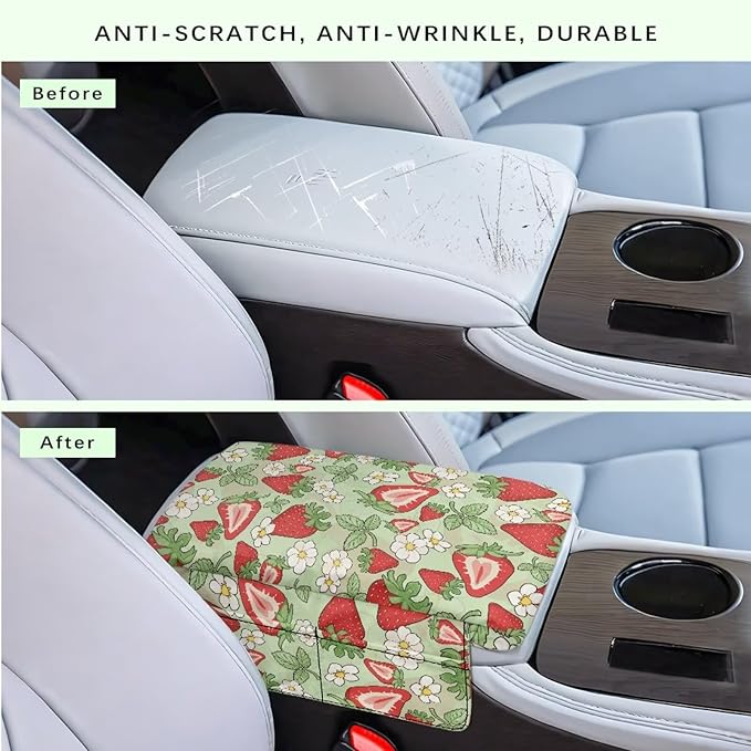 Dreaweet Strawberry Car Accessories for Women Center Console Cover Thick Console Console Armrest Pad Universal Arm Rest Cover for Car SUV Truck Sedan Armrest Storage Box Cover Pad,Green
