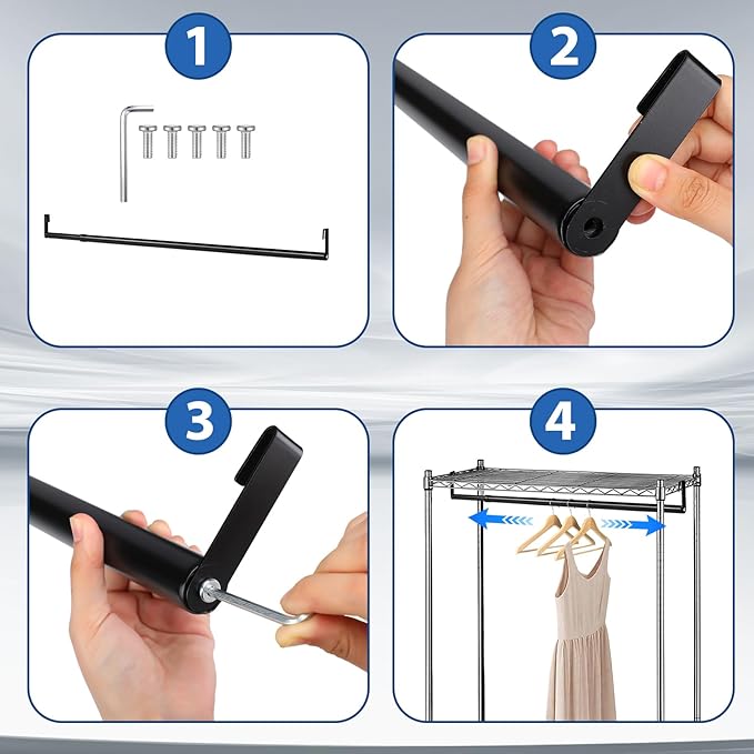 Threehoney Expandable Closet Rod for Wire Shelf Hanging Clothes Adjustable Heavy Duty Closet Hanging Rod Extender Heavy Duty Hanger Bar Metal Poles for Wardrobes Hanger, 1 Pack(36-60 Inch,Black)