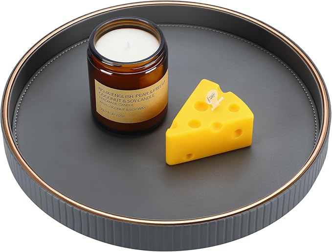 KINGFOM Round Decorative Tray, PU Leather Vanity Tray Organizer with Gold Trim for Dresser, Coffee Table & Bathroom Counter, Modern Home Decor Jewelry & Perfume Tray for Men Women (Gray)