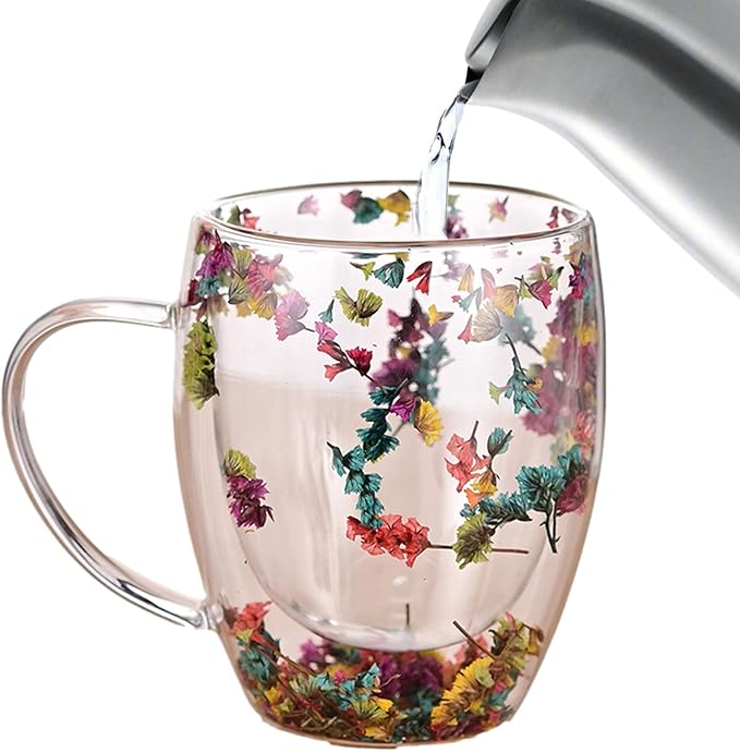 Camyu Artistic Glass Espresso Cup, 350ml Double Wall Insulated Glass Coffee Mugs, Anti-Scald Thick Expresso Coffee Cups With Dried Flowers For Hot Beverages
