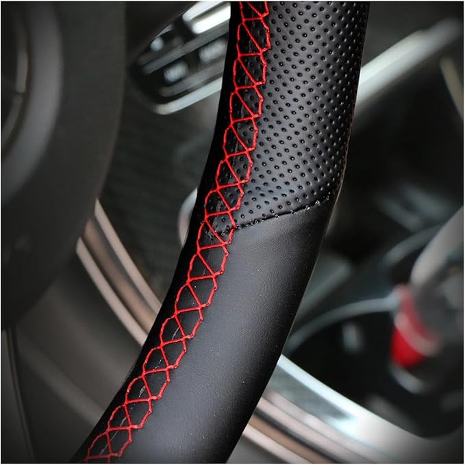 Custom Microfiber Leather Steering Wheel Cover fit for 1998-2005 206, 206 SW, 206 CC - Slip-On Design(A-Red thread)