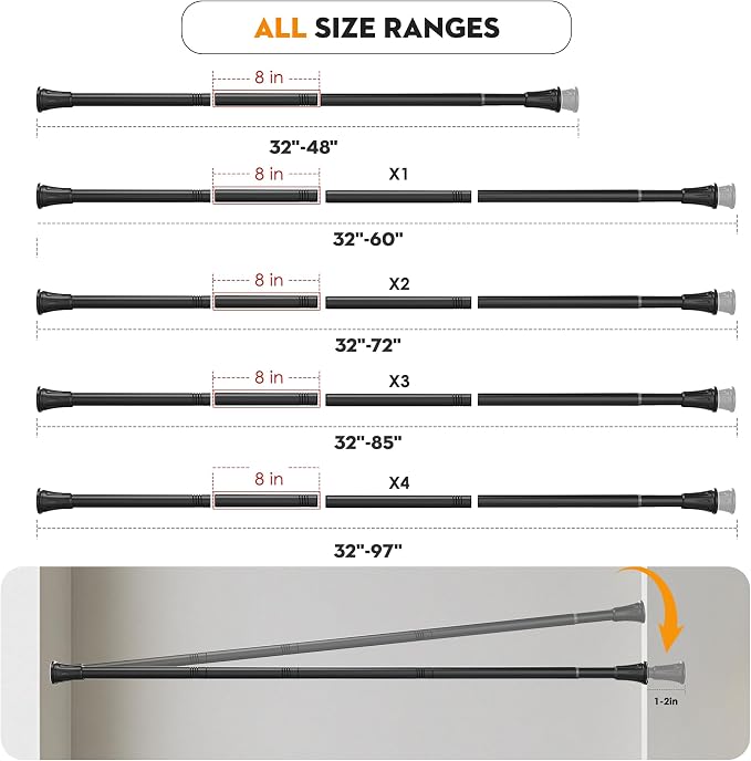 1.1 Inch Diameter Tension Closet Rods for Hanging Clothes 32-97 Inch, Adjustable Pole Closet to Hang Clothes, Heavy Duty Closet bar for Wardrobes with No Drilling Holder, Matte Black