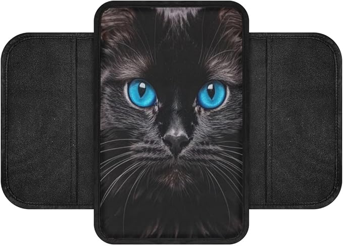BIGCARJOB Black Cat Print Car Armrest Cover Cushion with 2 Storage Bags Universal Car Armrest Cover Center Console Armrest Pad with Pocket Animal Cat Print Armrest Seat Box Covers
