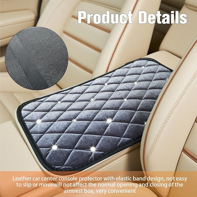 HZEL Bling Car Center Console Cover, Crystal Rhinestone Velvet Soft Vehicle Seat Armrest Box Protector Cushion, Comfortable Diamond Auto Arm Rest Mat Pad, Universal for Truck SUV Sedan (Gray)