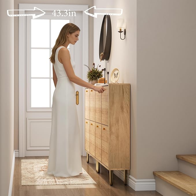 Nicetree Shoe Storage Cabinet for Entryway, Modern Natural Shoe Cabinet with Tiered Fluted Design, 9.5" Slim Shoe Rack for Small Spaces, 4 Flip Drawers Narrow Shoe Cabinet for Small Space