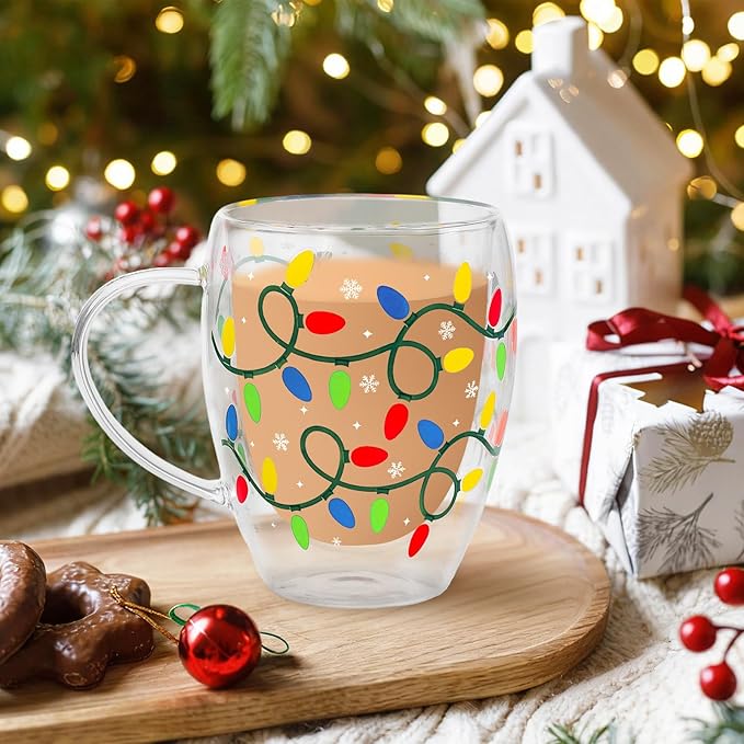 JarThenaAMCS Christmas Double Wall Glass Coffee Mugs 12Oz Colorful Xmas Light Bulb Insulated Glasses Clear Espresso Cups with Handle for Winter Holiday Supplies, Set of 2