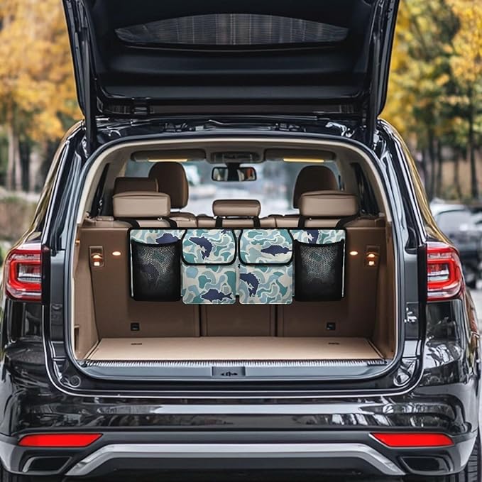 CLOHOMIN Blue Fish Camo Backseat Car Organizer Hanging Cargo Storage Organizer with 4 Pockets Car Seatback Organizer for Most Vehicle Car Interior Accessories
