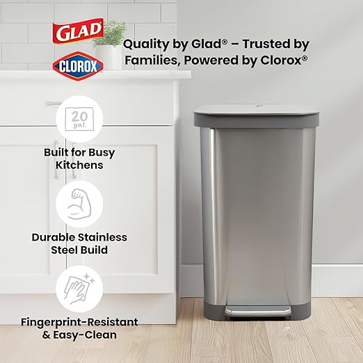 Glad 13 Gallon All Brushed Stainless Steel Trash Can with Clorox Odor Protection | Large Metal Kitchen Garbage Bin with Soft Close Lid, Garbage Bag Rings, Step On Foot Pedal and Waste Bag Roll Holder